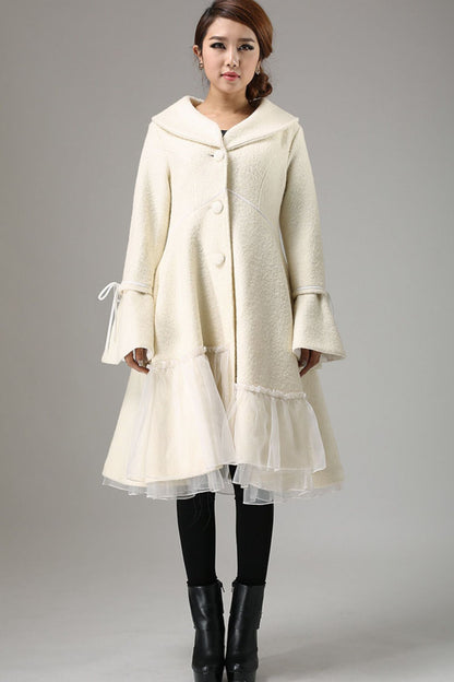 White Wool Blend Coat - Flared Bell Sleeve with Sheer Hem 725