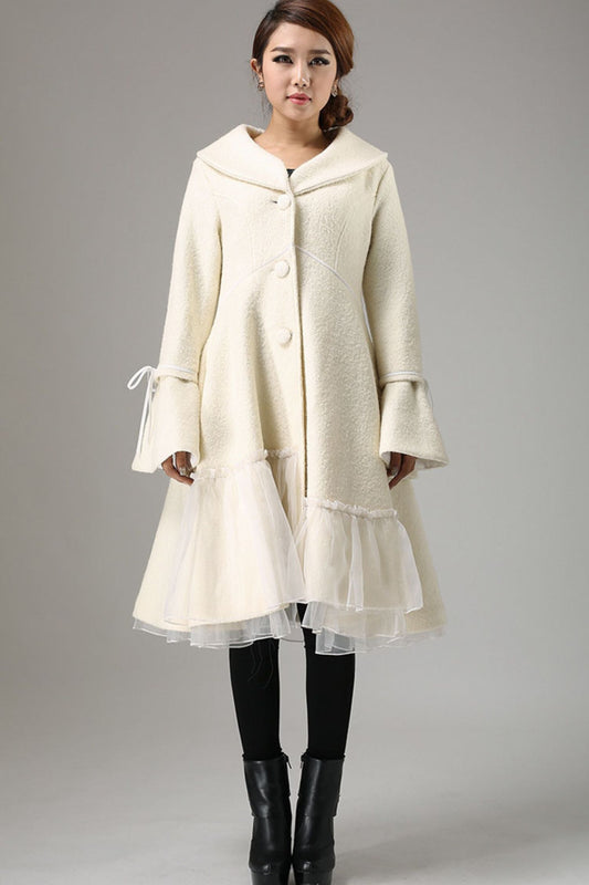 Beige white wool winter warm jacket long sleeve outwear 0725#