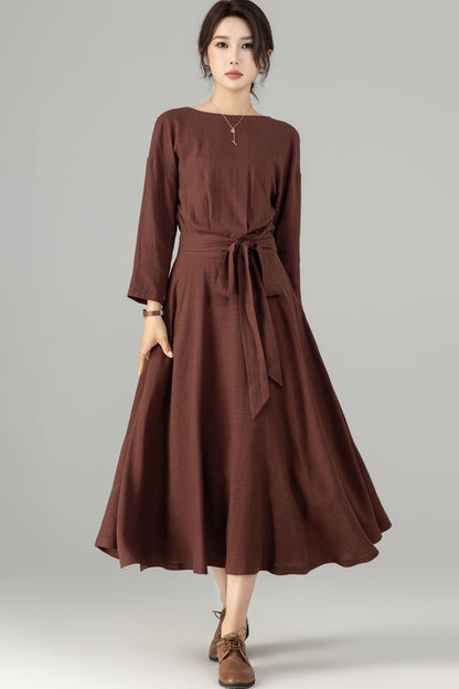 Brown Linen Cotton Midi Dress - Boat Neck, Belted Waist 5704