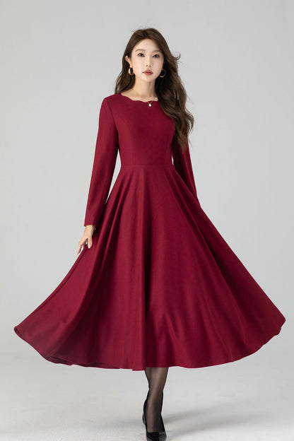 Burgundy Wool Midi Dress - Fit and Flare with Wave Neckline 4546