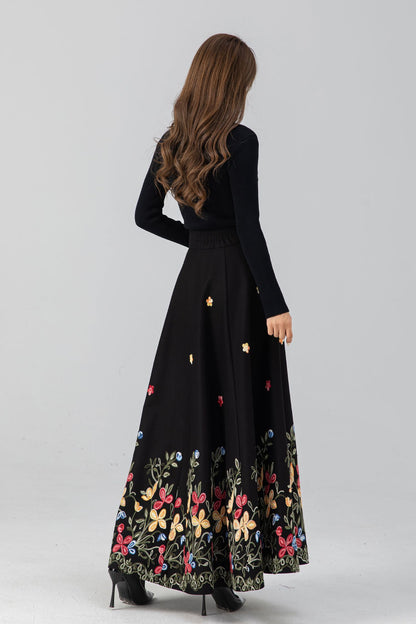 Classic Black Wool Maxi Skirt – Floral Embroidery Hem, A-Line – 5270