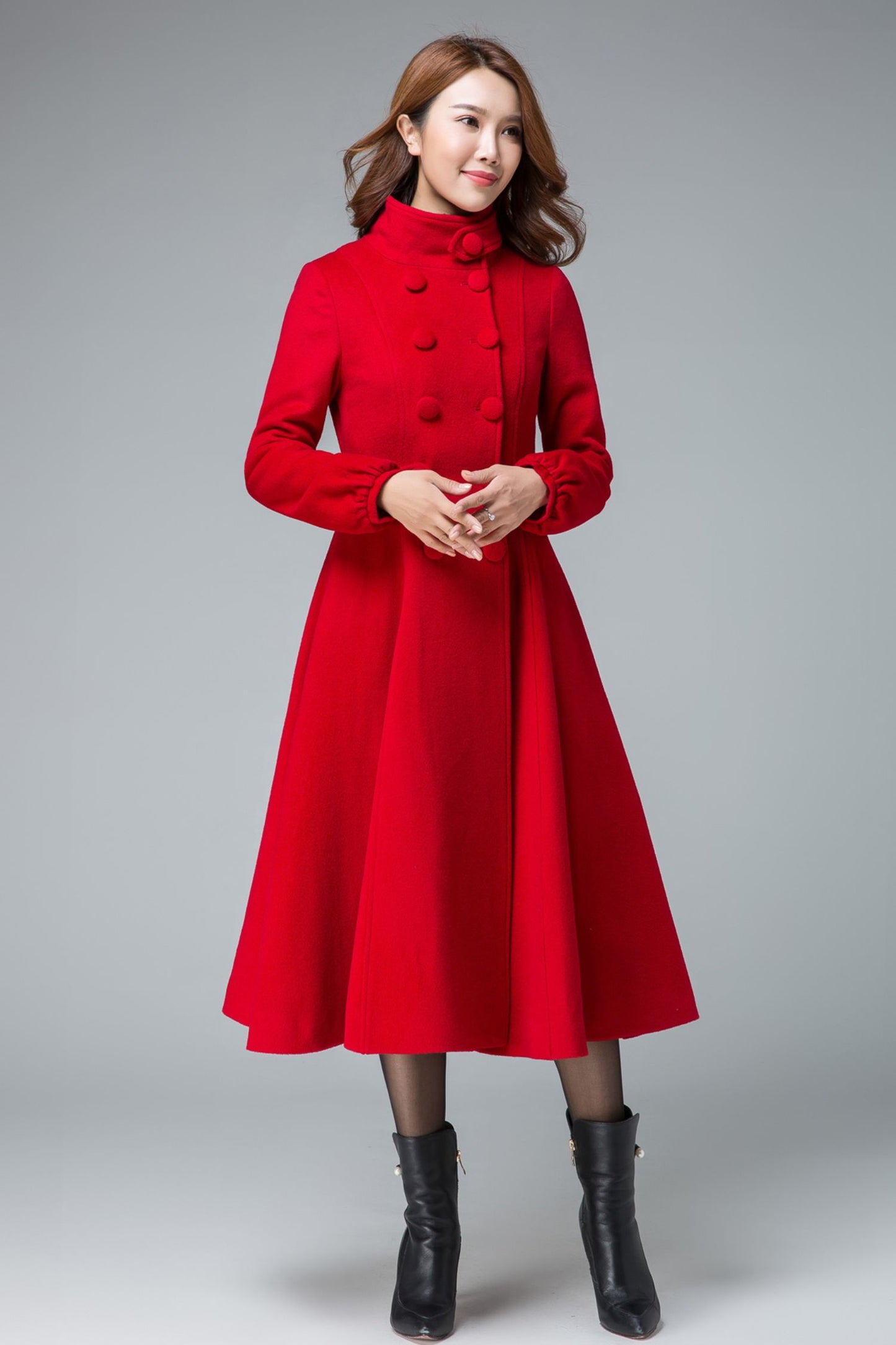 Red Fit and Flare Wool Long Winter Coat Women 1846#