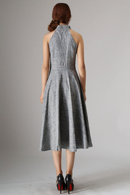 Sleeveless gray midi summer linen dress 988