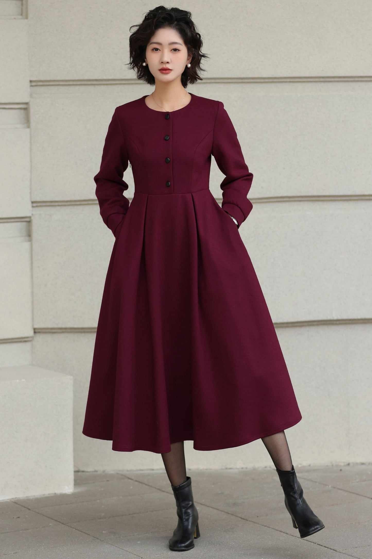 Burgundy Handmade Wool Midi Dress – Vintage Long Sleeve Winter Style 6618