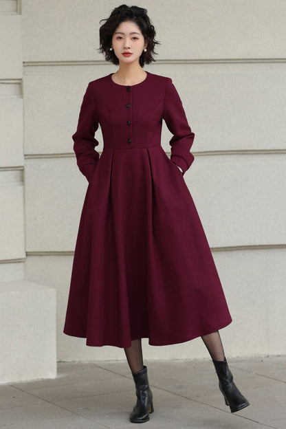 Burgundy Handmade Wool Midi Dress – Vintage Long Sleeve Winter Style 6618