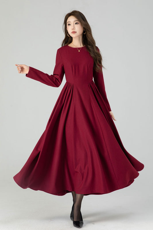Fit and flare burgundy wool dress women 4545
