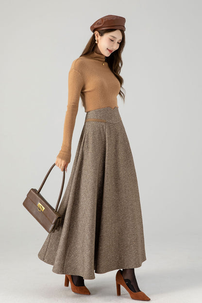 Khaki Wool Blend A-Line Maxi Skirt - High Waist Lined | Xiaolizi 4608