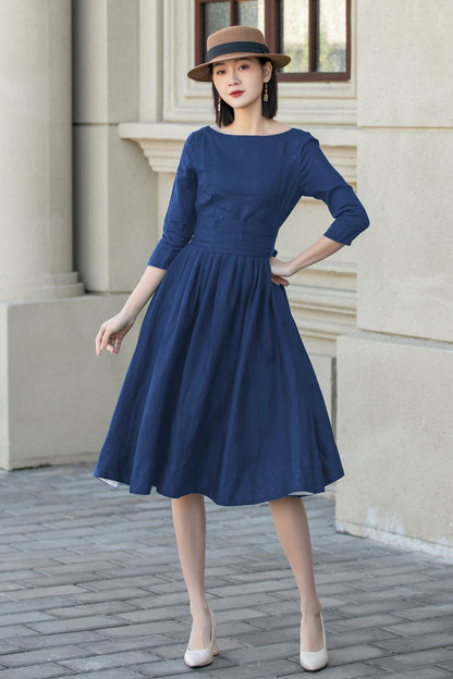 Blue Linen Midi Dress - A-Line Silhouette with Back Button Detail 5747