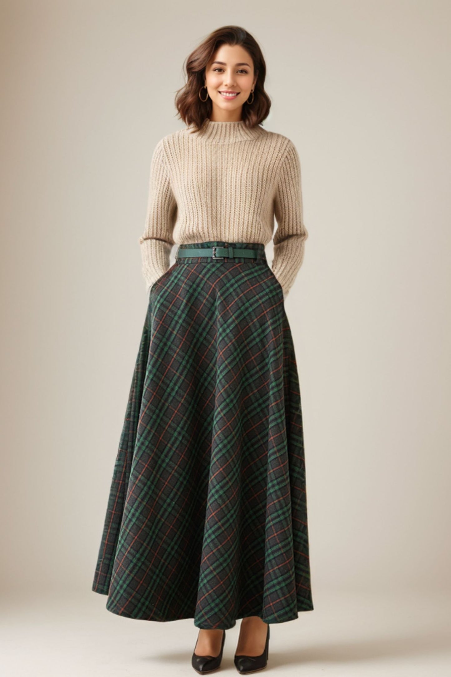 Swing Long wool plaid skirt 5260