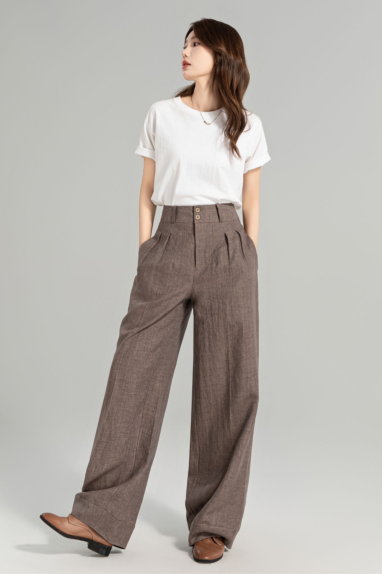 Brown wide leg long linen pants for women 4965