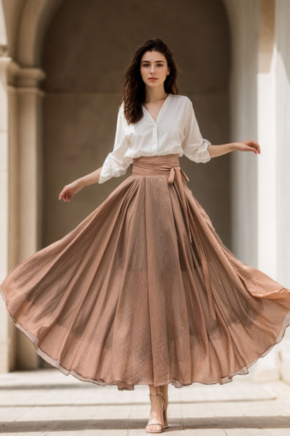 Brown Chiffon Circle Maxi Skirt - High Waist Self-Tie Belt | Xiaolizi 5133 - Brown / XS Brown Chiffon Circle Maxi Skirt - High Waist Self-Tie Belt | Xiaolizi 5133 - Brown / XS