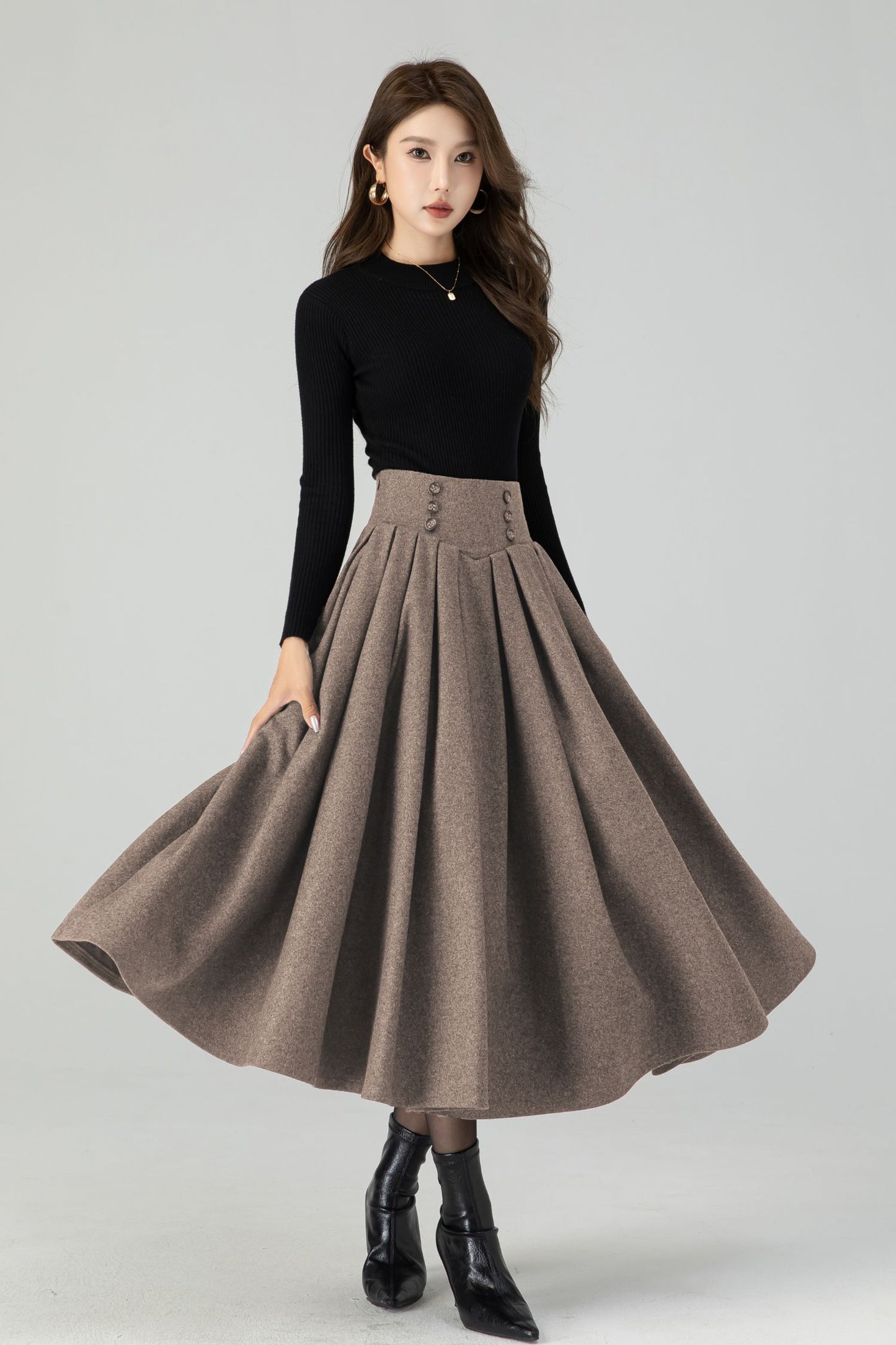 Vintage Wool Blend Pleated Midi Skirt – Handmade Swing Winter Skirt | Xiaolizi 5431