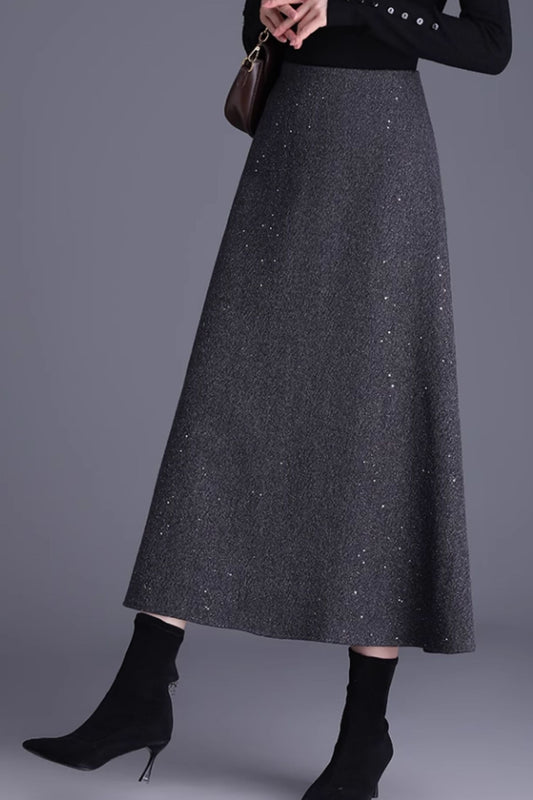 A line midi winter wool Sequined Skirt 6140