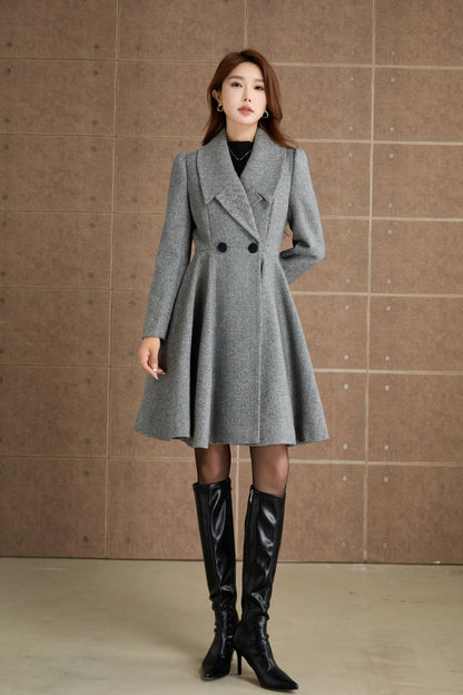 Wool Blend Fit and Flare Coat – Gray Double Breasted Coat with Pockets 5365