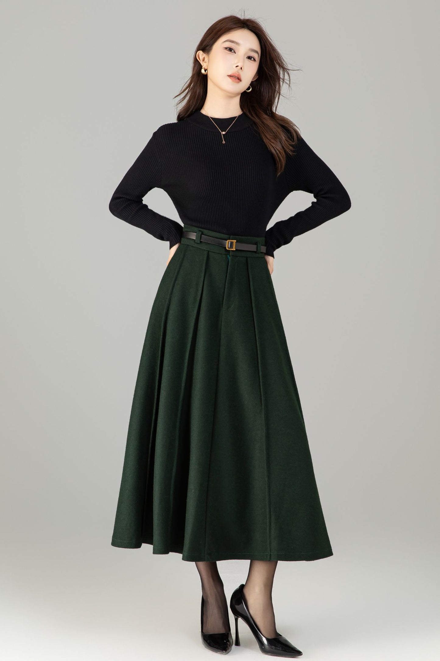 Vintage Handmade Wool Maxi Skirt – A-Line Winter Elegance | Xiaolizi 6497