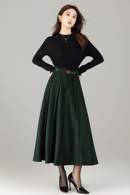 Army Green Wool Maxi Skirt - A-Line Vintage Elegance 6497