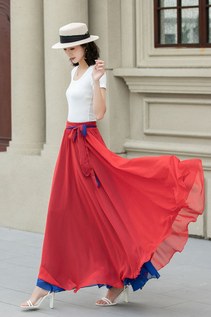 Red Chiffon Ankle-Length Skirt - Elastic Waist with Belt 5108