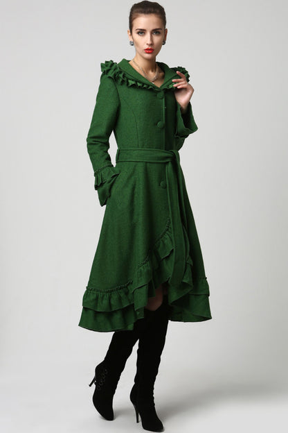 Dark Green Wool Coat – Vintage Ruffle Hooded Winter Overcoat with Tie Belt 1120