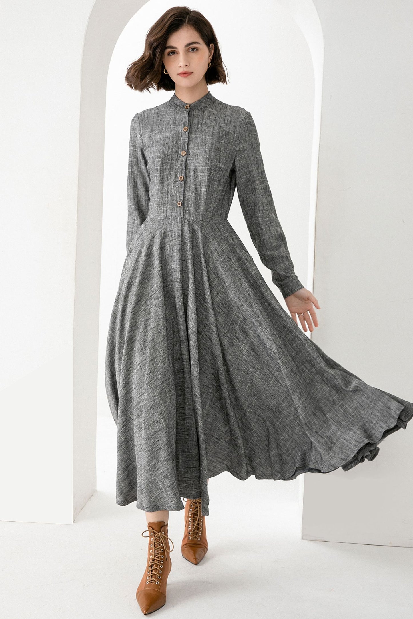 Spring Autumn Long Grey Linen Dress 3831