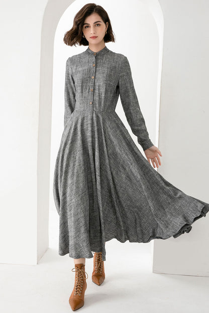 Grey Linen Cotton Maxi Dress - Button Front Relaxed Fit | Xiaolizi 3831