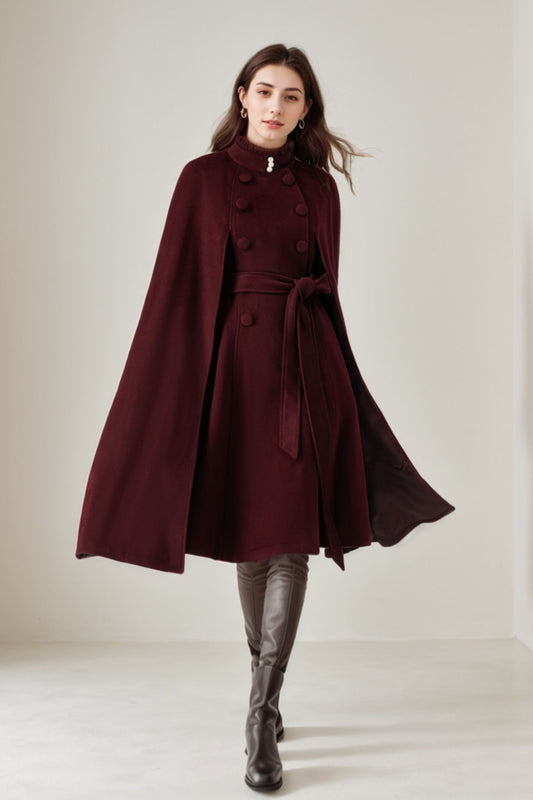 Burgundy Winter Wool Cape Coat Women 5245