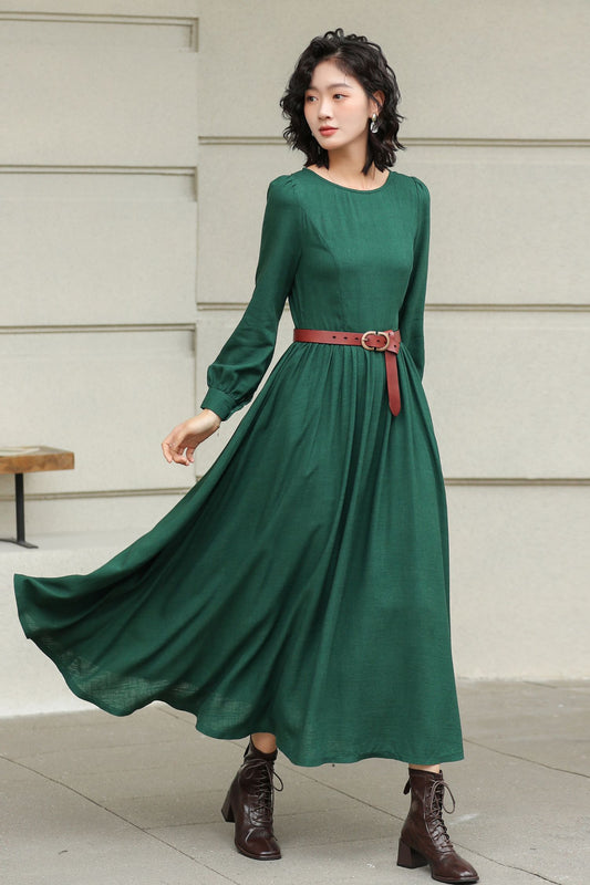 Green Long Sleeves Linen Maxi Dress 6425