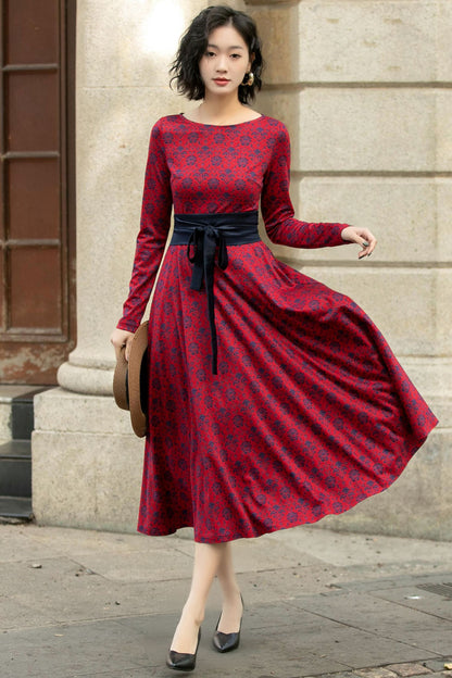 Xiaolizi Stretch Floral Belted Midi Dress – Long Sleeve with Pockets 5687 -XS #CK2500041