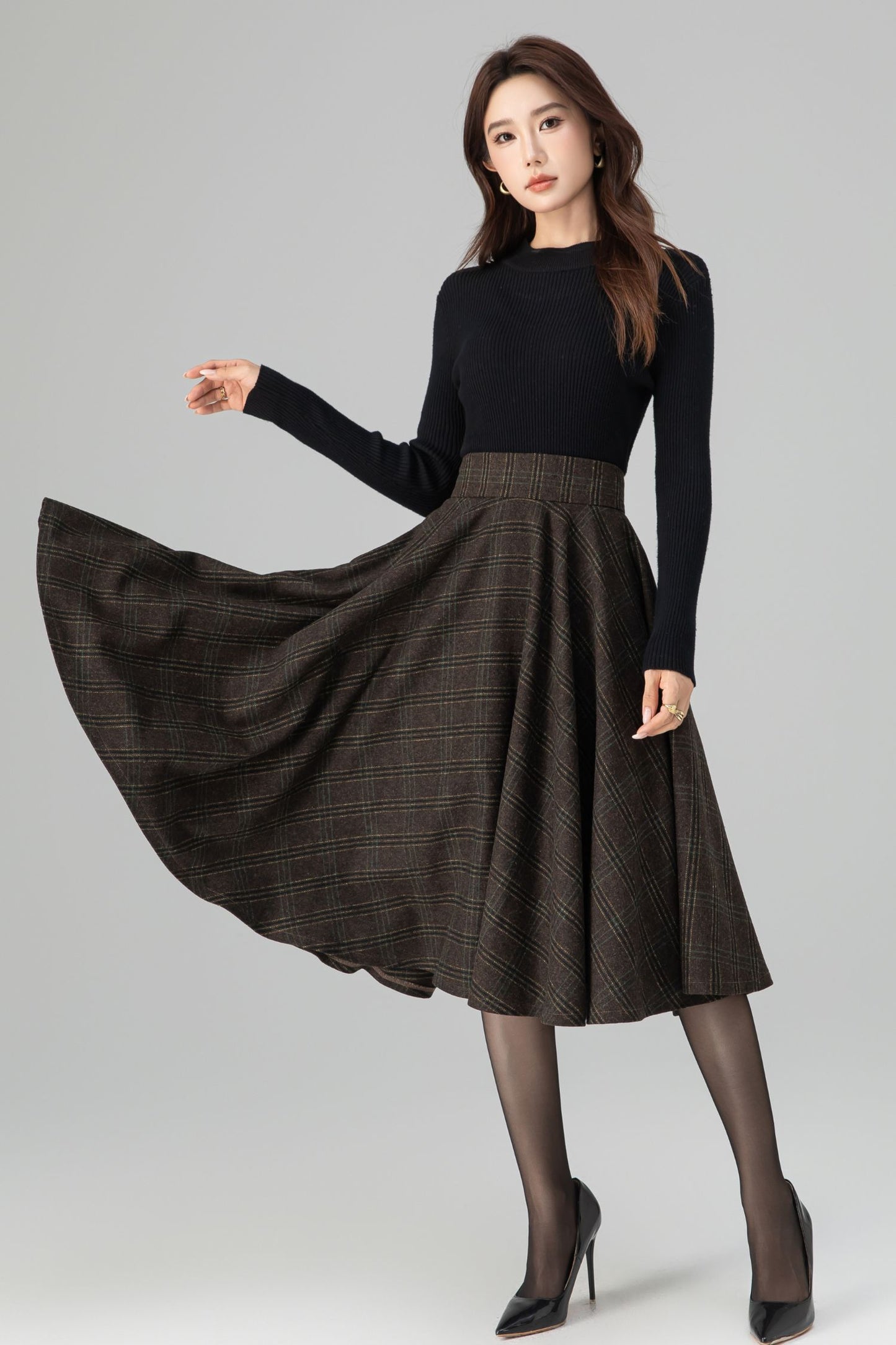 Classic Plaid Midi Skirt Dark Brown Wool – High-Waisted Circle – 6396