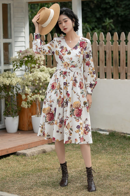 Xiaolizi Floral Linen Midi Dress – Vintage V Neck Swing 6692