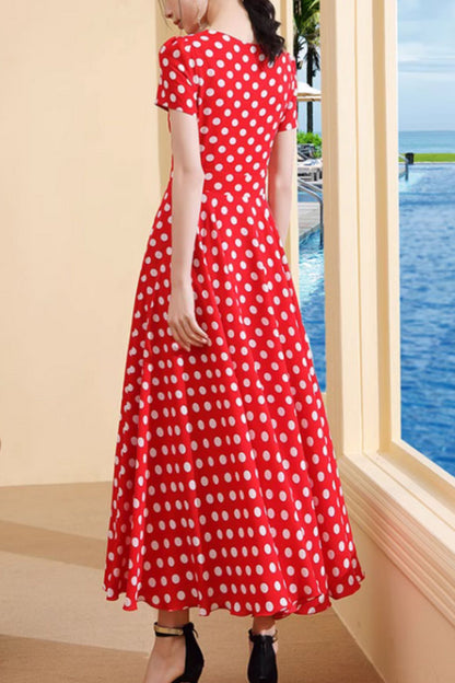 Red and white polka dot long chiffon dress 5019