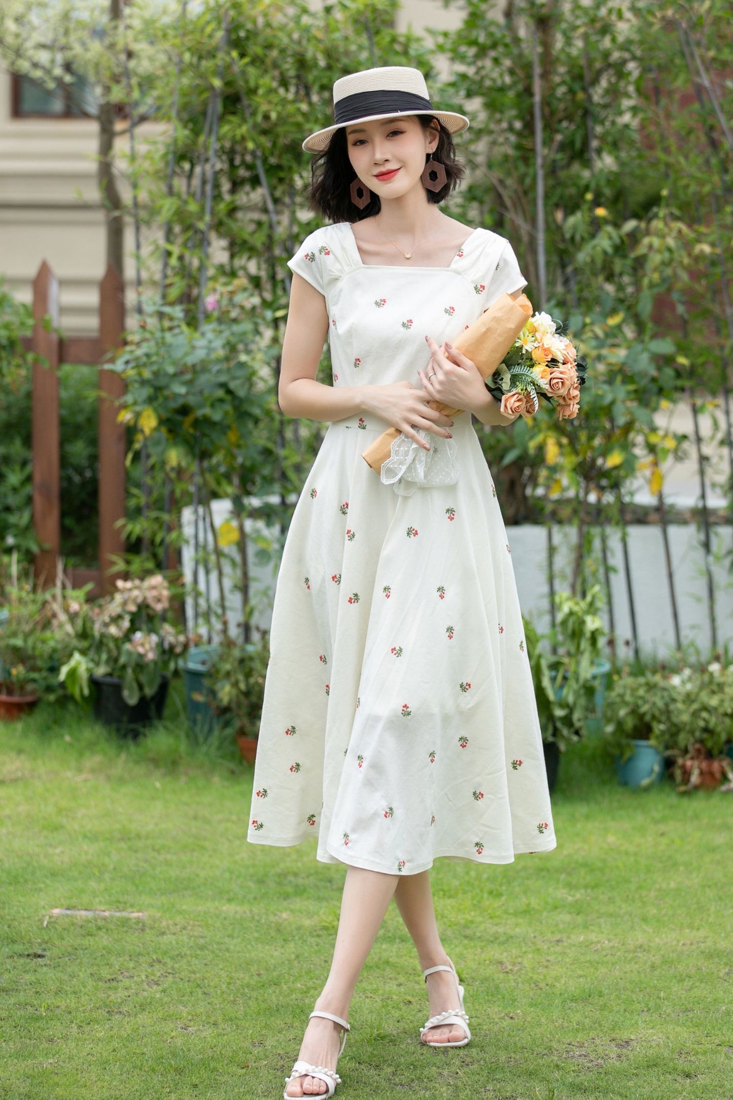 Fit and flare summer embroidered linen dress 5203