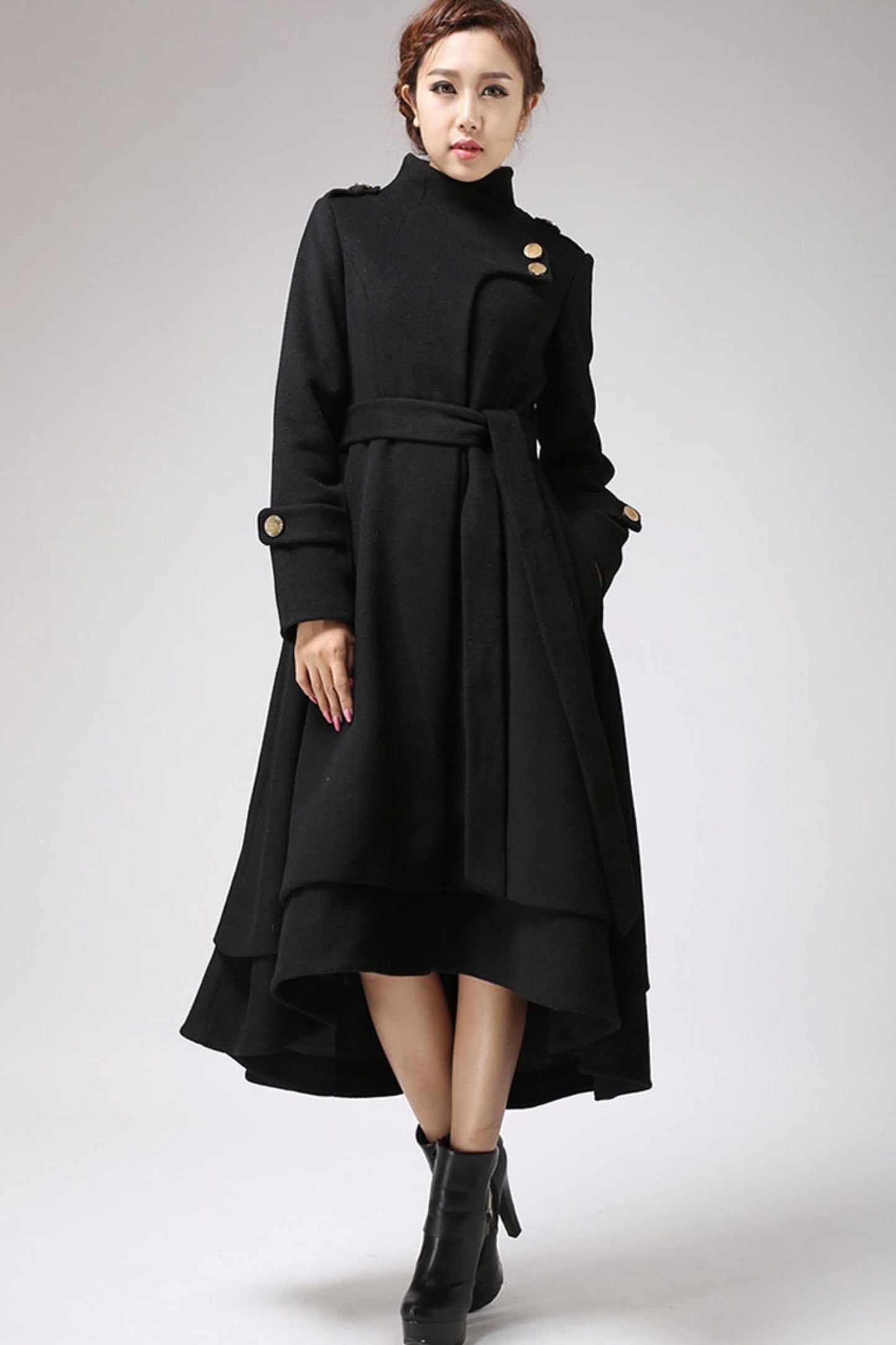 Asymmetrical Hem Black wool Coat  0703#