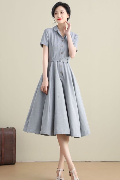 Handmade Cotton Linen Shirt Dress – Short Sleeve Summer Midi with Pockets | Xiaolizi 3272