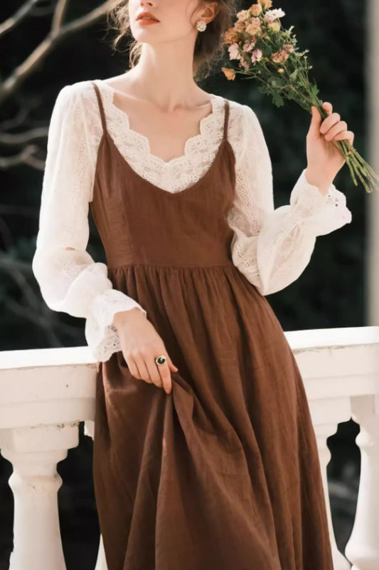Brown Linen Pinafore Dress – Vintage Sleeveless Midi Linen Dress | Xiaolizi 6640