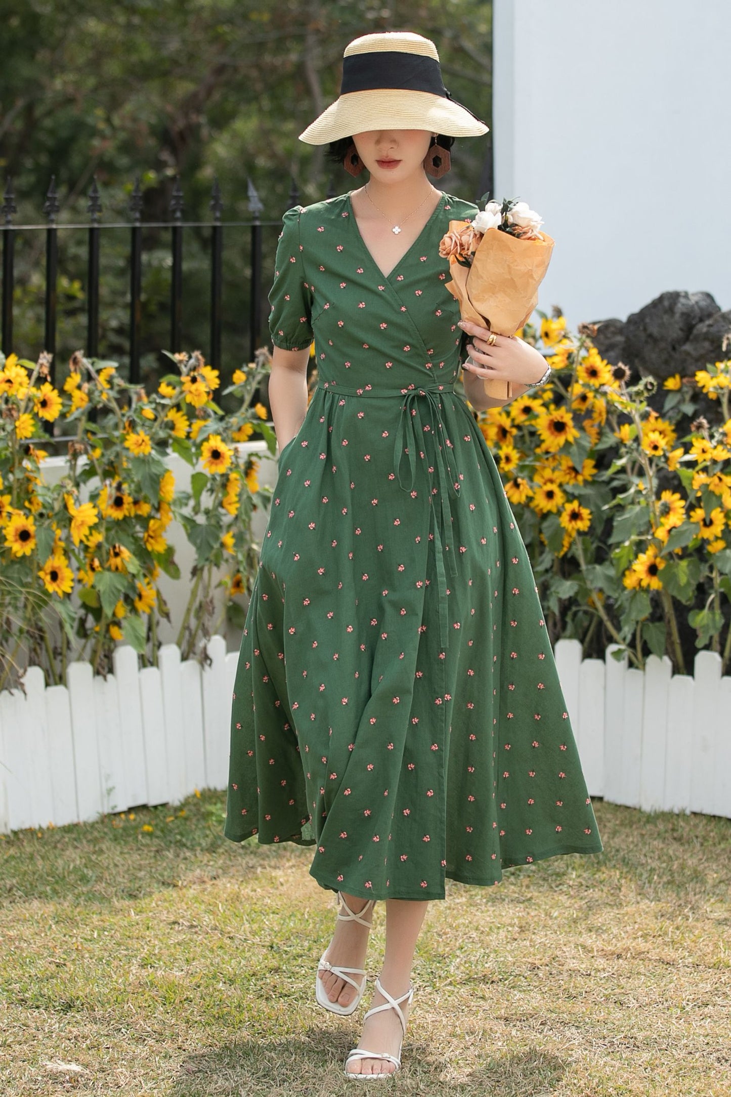 Xiaolizi Green Linen Midi Dress – Vintage Wrap Puff Sleeve Summer Dress 6689 -Size XS #CK2600175