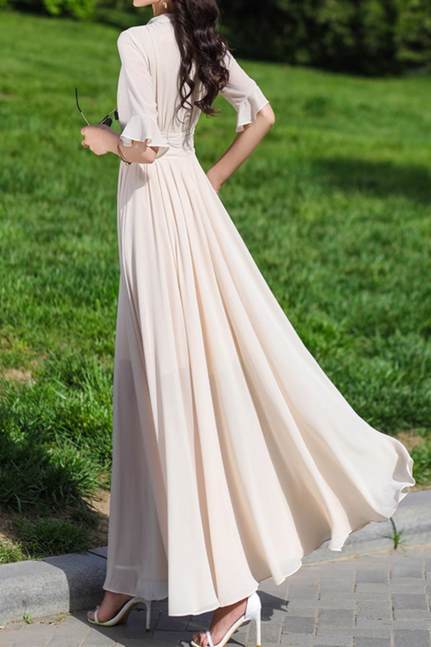 Beige Chiffon Maxi Dress - Fitted Waist Round Neck | Xiaolizi 5152 - Beige / XS Beige Chiffon Maxi Dress - Fitted Waist Round Neck | Xiaolizi 5152 - Beige / XS
