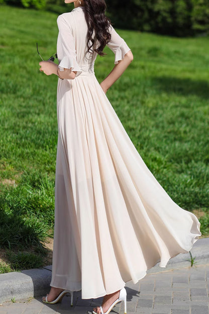 Beige Chiffon Maxi Dress - Fitted Waist Round Neck | Xiaolizi 5152