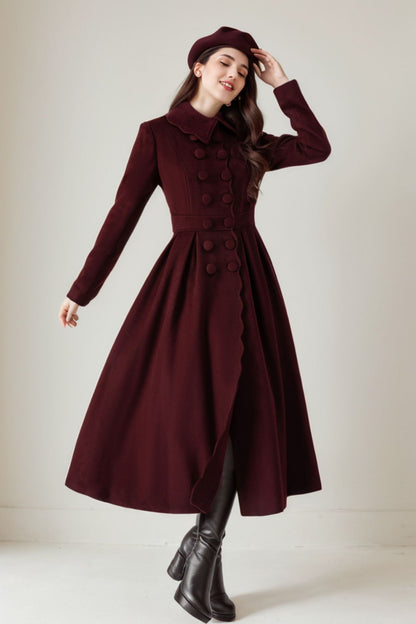 Burgundy Wool Maxi Coat - Pleated Fitted Waist with Scalloped Detail 5244