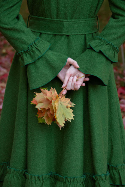 Green Wool Hooded Swing Coat - Ruffled Trim High-Low Hem | Xiaolizi 4046