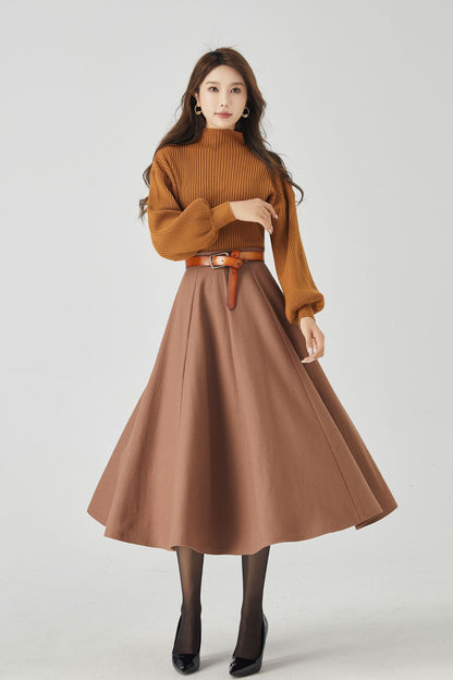 Vintage Swing Wool Skirt – Handcrafted Brown High Waist Midi Skirt for Autumn and Winter 4535