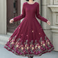 Embroidered burgundy fit and flare wool dress 5307