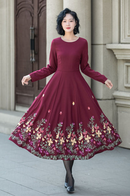Embroidered burgundy fit and flare wool dress 5307