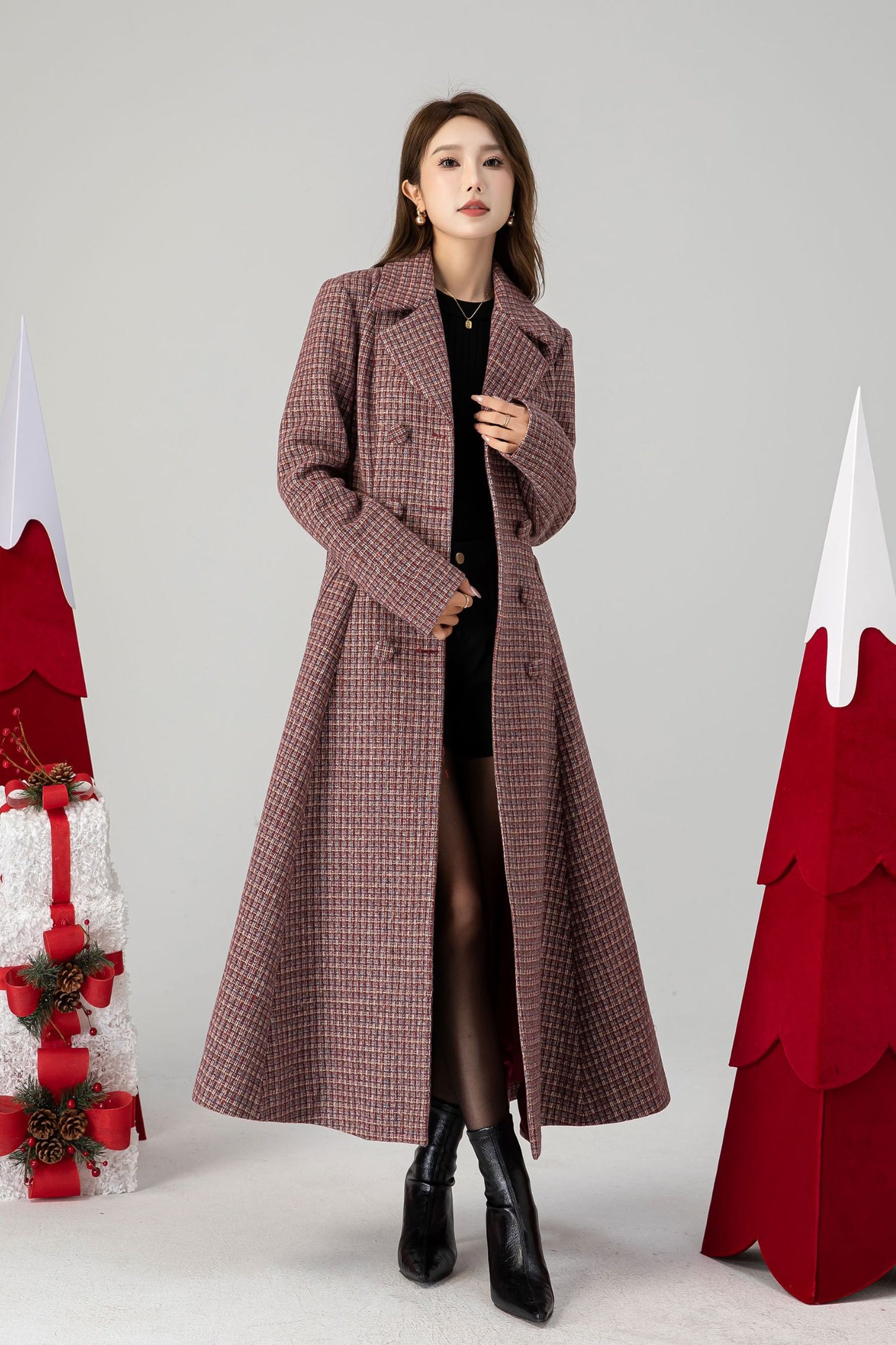 Vintage inspired plaid long wool coat 4614