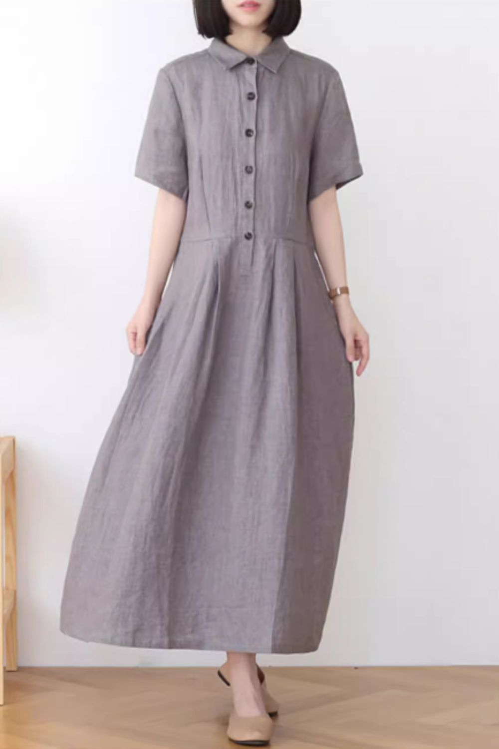 Gray summer linen shirt dress with pockets 4835