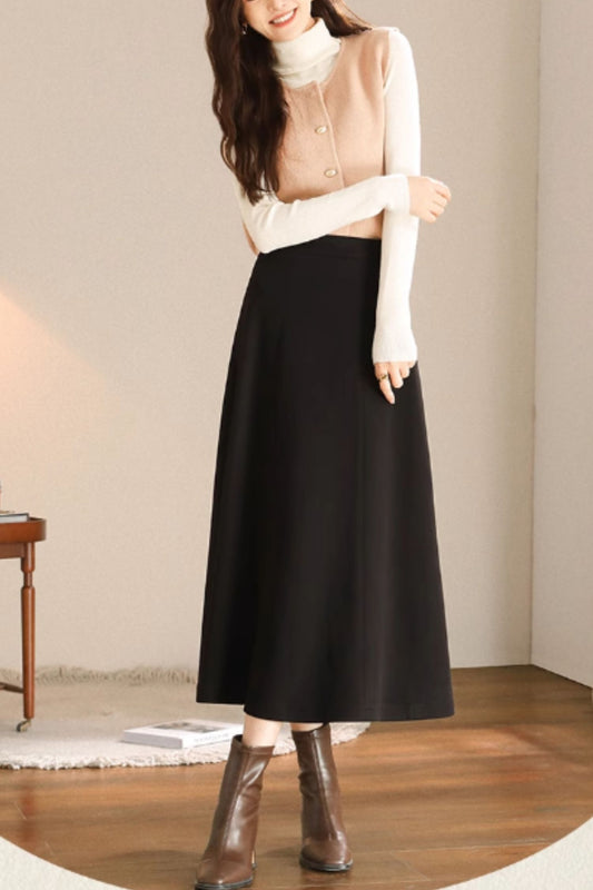 Black a line long wool skirt women 5468