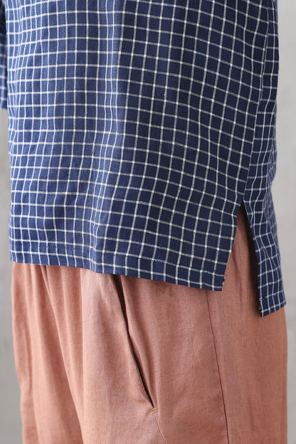 Navy Check Linen Blouse – Loose Fit Summer Top with 3/4 Sleeves 3336