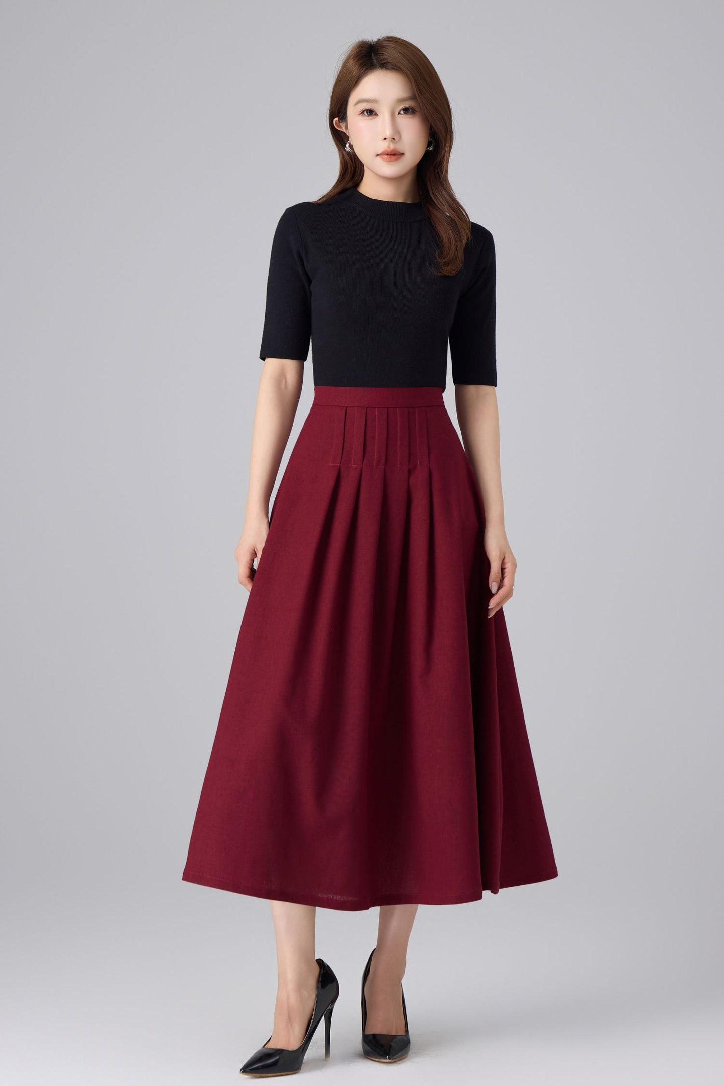 Burgundy Linen Midi Skirt - High Waist Pleated A-Line | Xiaolizi 6759