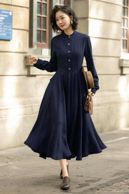 Navy Linen Midi Dress – Handmade Vintage A-Line Long Sleeve Button Dress 6671