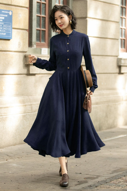 Navy Linen Midi Dress – Handmade Vintage A-Line Long Sleeve Button Dress 6671