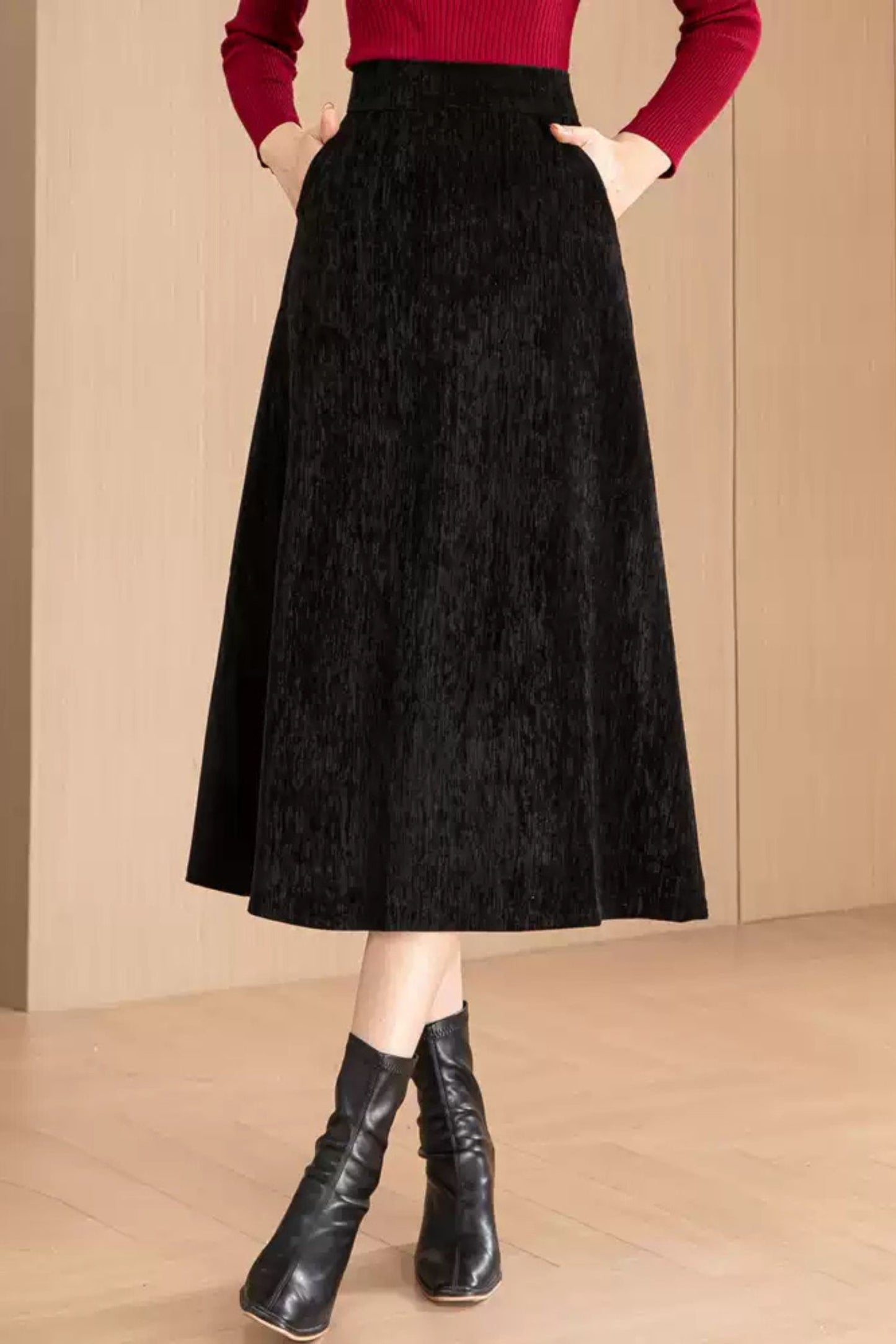 Midi black autumn/winter skirt women 6195